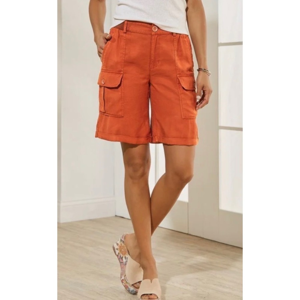Soft Surroundings Coastal Cargo Shorts Rust Orange Elastic Waist Safari Resort S
